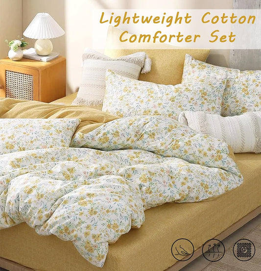 ALEISSEL Natural Cotton 3pcs Floral Comforter Sets Queen Size-Yellow Comforter with Pink & Yellow Flowers and Blue & Green Leaves on White, Reversible Lightweight Bedding Sets(Queen 90"Γ90")