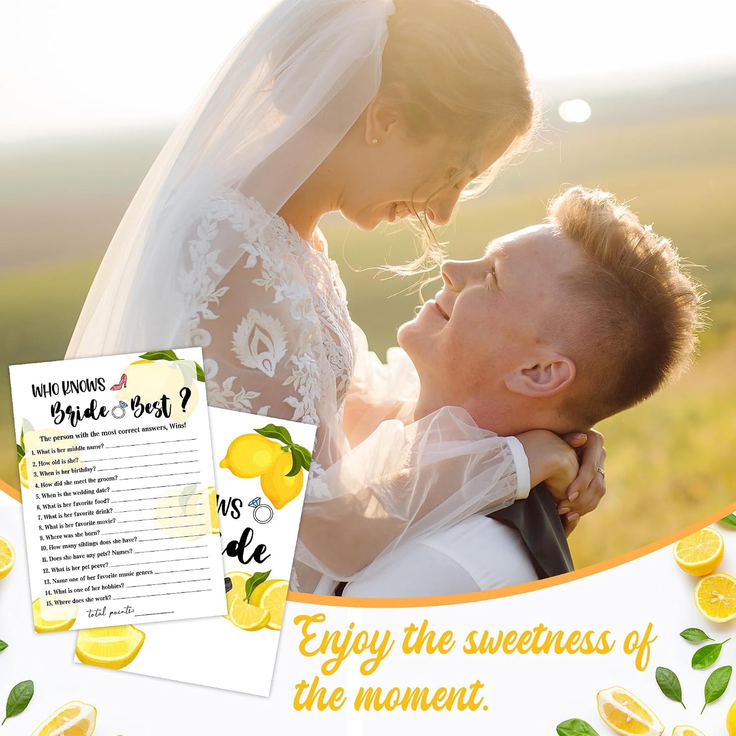 Bridal Shower Games - Lemon Theme Engagement Party Game Cards For Wedding, Bachelorette Party - Citrus Lemon Bridal Shower Decorations - Who Knows Bride Best - 30 Cards(A07)
