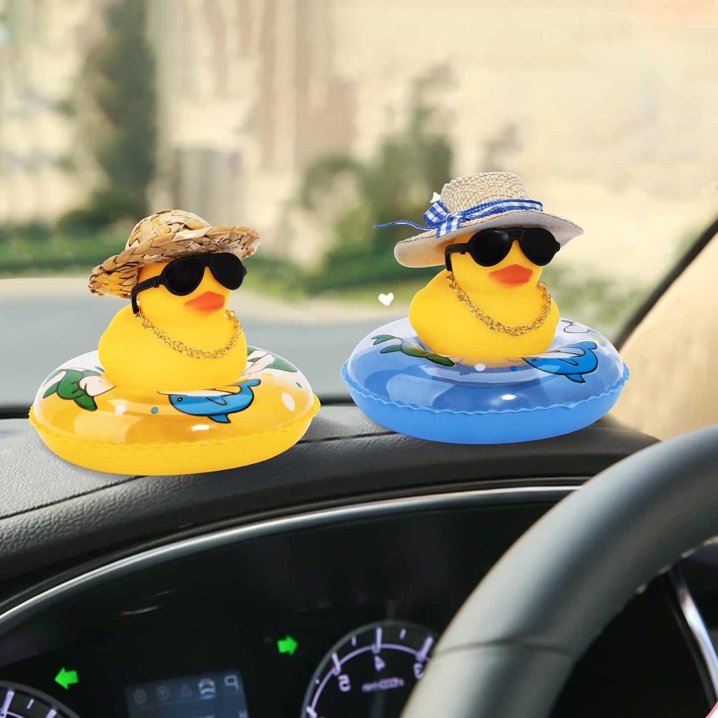 Car Rubber Duck, Yellow Duck Decoration Dashboard with Sun Hat Swim Ring Necklace Sunglasses for Car Dashboard Decorations