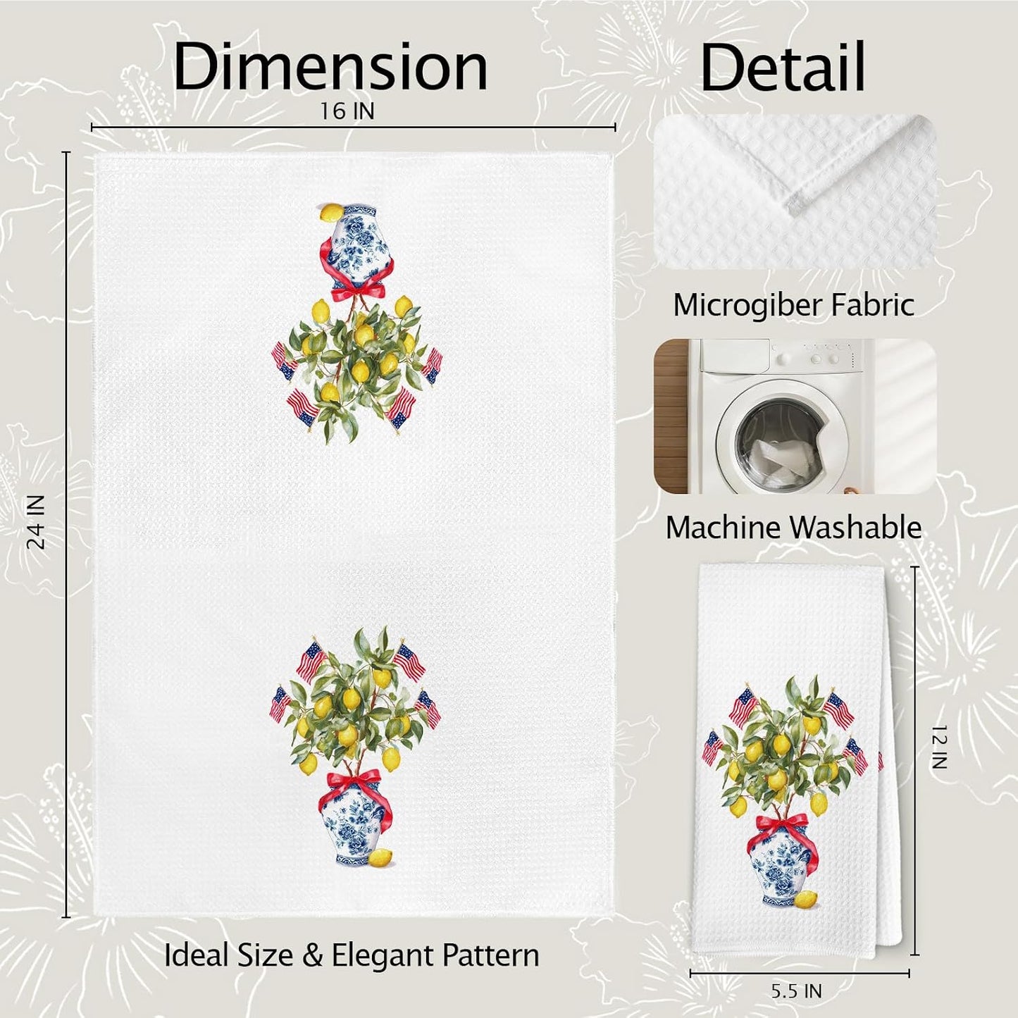 Chinoiserie Lemon Patriotic Kitchen Towels, Patriotic Hand Towels, Lemon Dish Tea Towel for Kitchen, 4th of July Independence Day Decorative Hand Towel for Bathroom 16x24inch, Set of 2