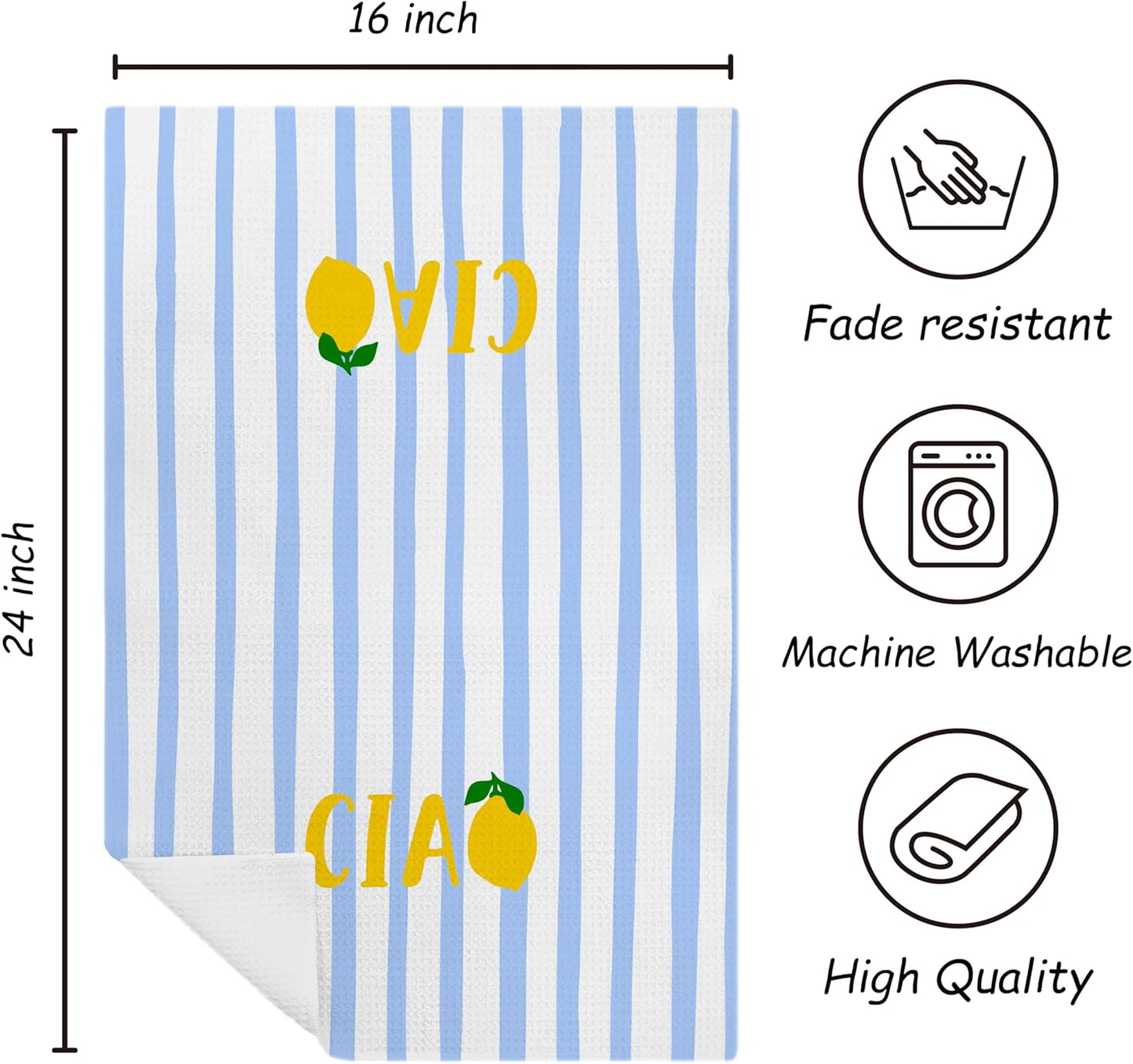 Trendy Italian Lemon Kitchen Towels, Lemon Gifts Dish Tea Towels for Kitchen, Blue and White Striped Italian Ciao Fruit Decorative Hand Towel for Bathroom, 16x24 Inch