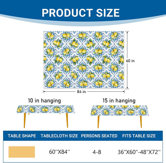 Blue Lemon Italy Tile Pattern Rectangle Tablecloth 60 x 84 Inches, Italian Amalfi Coast Citrus Decorative Dining Table Cloth, Summer Mediterranean Dinner Tablecover Picnic Party Decoration