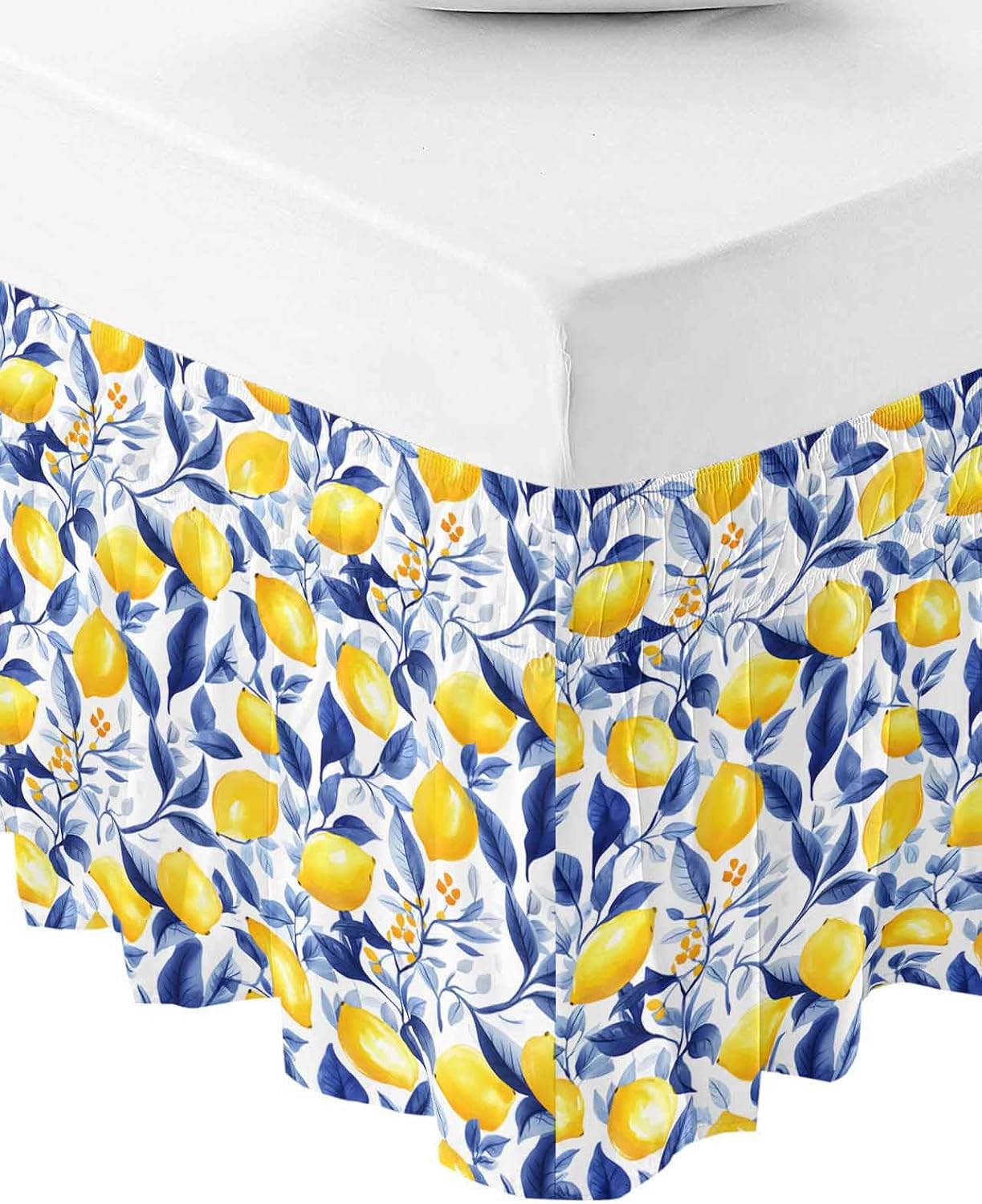 Summer Lemon Bed Skirt Queen Size 16 Inch Drop, Adjustable Elastic Wrap Around Bed Skirts Easy Fitting Dust Ruffle Bedskirt Bed Frame Cover Watercolor Yellow Blue Garden Floral