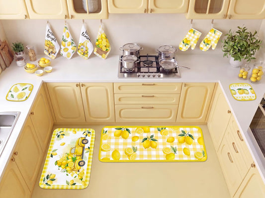10Pcs Lemon Kitchen Decor Set Lemons Print Towels Pot Hand Holders Oven Mitts Mats for Summer Home Baking Gifts (Yellow)