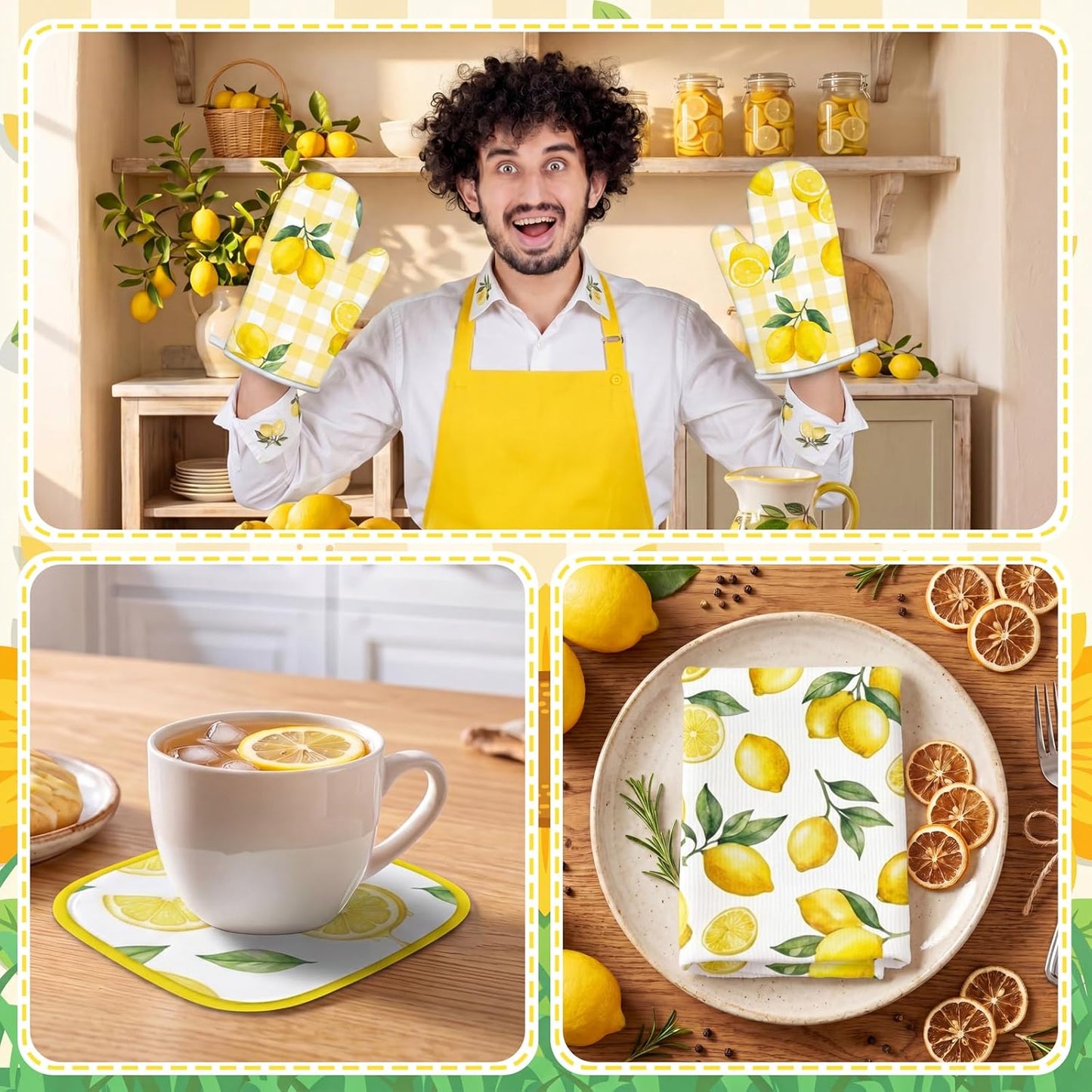 10Pcs Lemon Kitchen Decor Set Lemons Print Towels Pot Hand Holders Oven Mitts Mats for Summer Home Baking Gifts (Yellow)