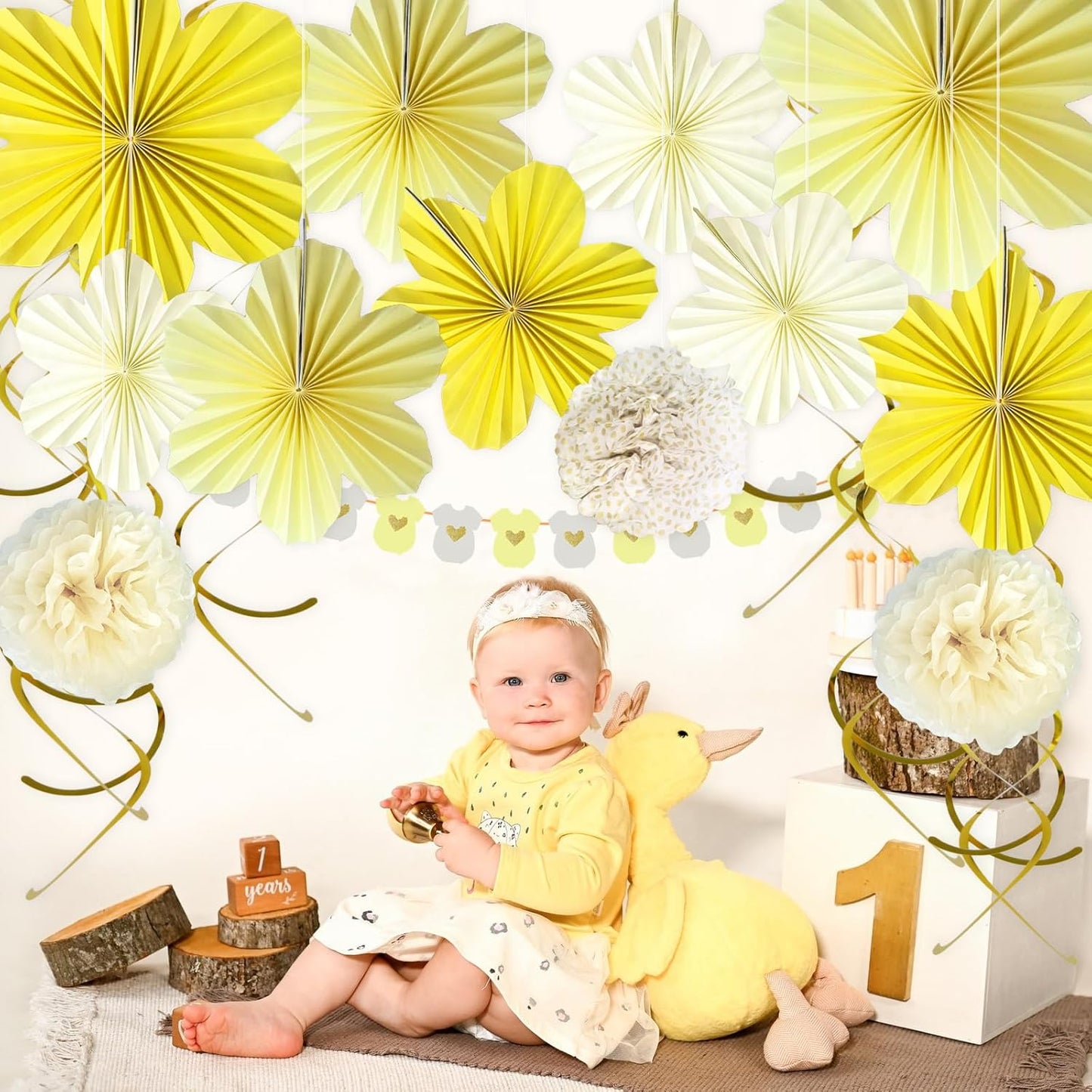 Yellow Baby Shower Decorations Baby Shower Bodysuit Banner Neutral Girl Boy | Yellow Paper Flower Fans Tissue Pom Poms Ceiling Hanging Swirls Lemon Theme Baby Shower Kid Birthday Decorations DIY (21Pcs)