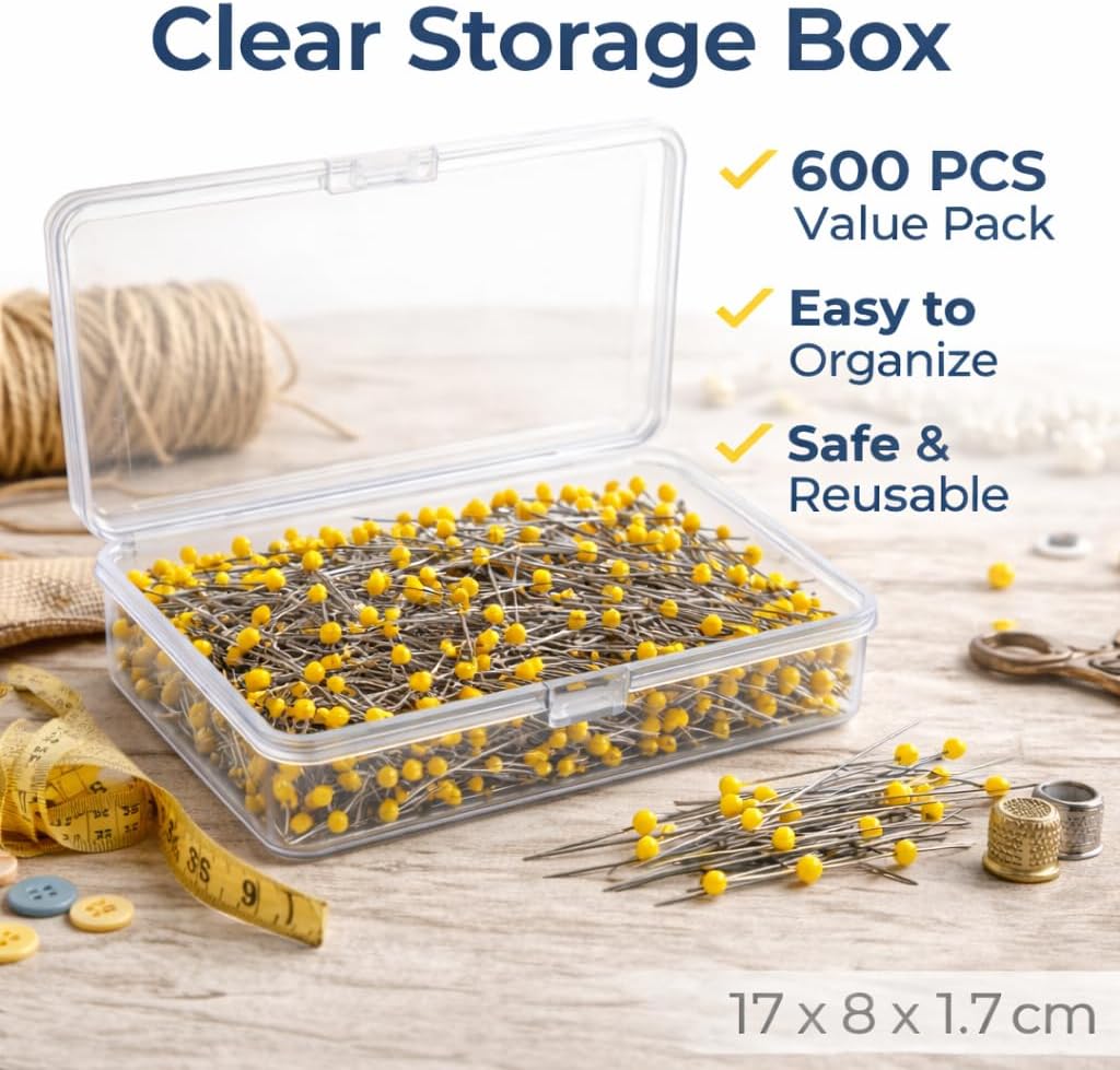 600 PCS Yellow Glass Head Sewing Pins, 1.75 Inch Long Pins for Quilting | Yellow glass head pins with durable steel shafts, perfect for sewing, quilting, fabric crafts, DIY projects and daily repairs