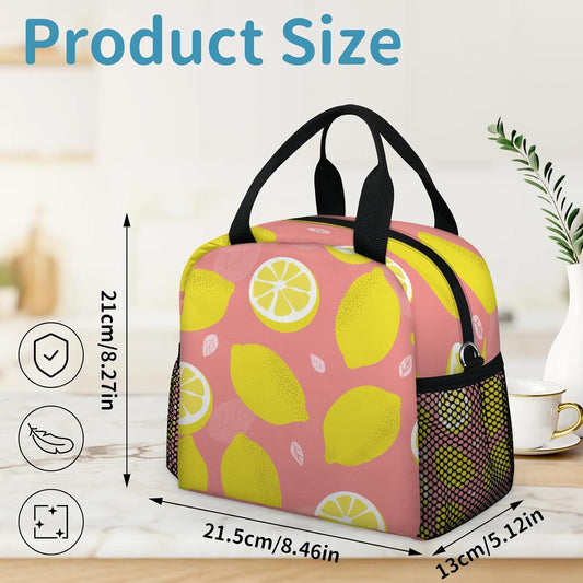 Lemon Fruits Pink Lunch Bag - Leak proof Reusable Lunch Box, Suitable for Picnicking, Office, Beach, Hiking, Insulated and Refrigerated Handbag - Suitable for Men and Women