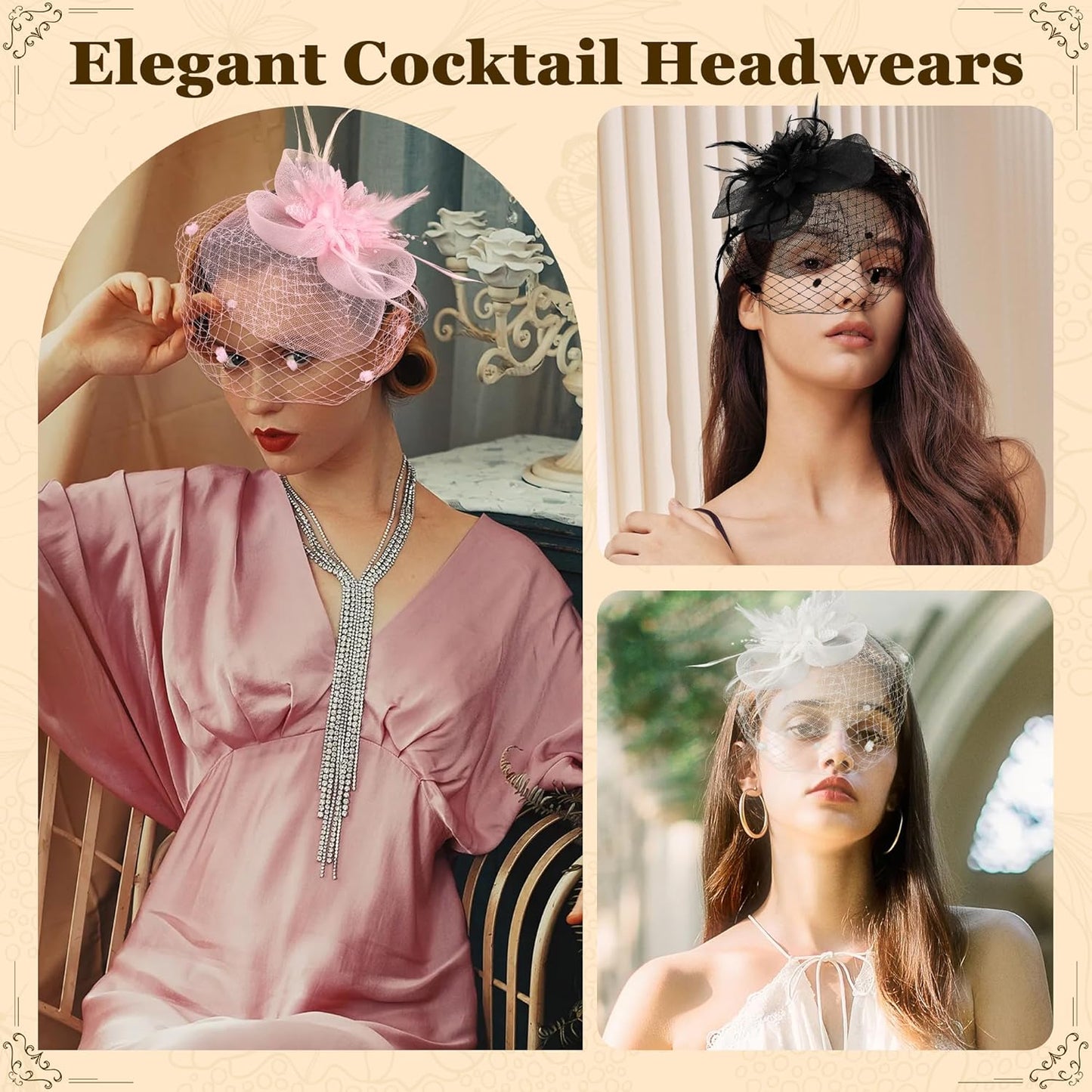 Fascinators Hats for Women Tea Party Hat Floral Feathers Mesh Headwear Lace Headband Veil Hair Clip Cocktail Wedding Church