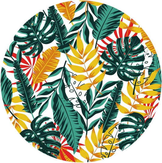 Summer Autumn Theme Tropical Palm Leaves Round Outdoor Area Rug 3ft Blue Yellow Reversible Circle Carpet for RV Camping Backyard Garden Patio Deck Balcony Porch Indoor Kitchen Bedroom Rug Mat