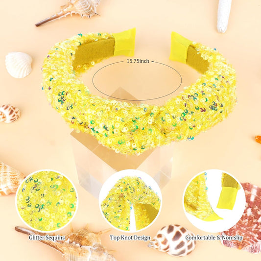 Sequin Knotted Headband for Women Sparkle Wide Headband Knot Hair Bands Accessories Cute Little Girl Headbands Princess Glitter Girls Hair Accessories (Yellow)