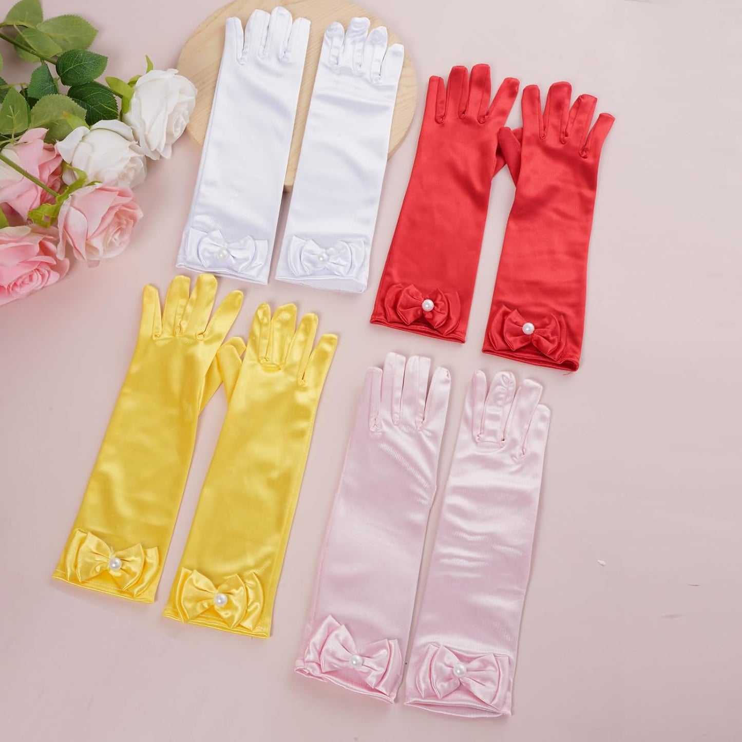 4 Pairs Satin Princess Gloves,Pearl Long Stain Gloves for Wedding Birthday First Communion Theme Party and Banquet