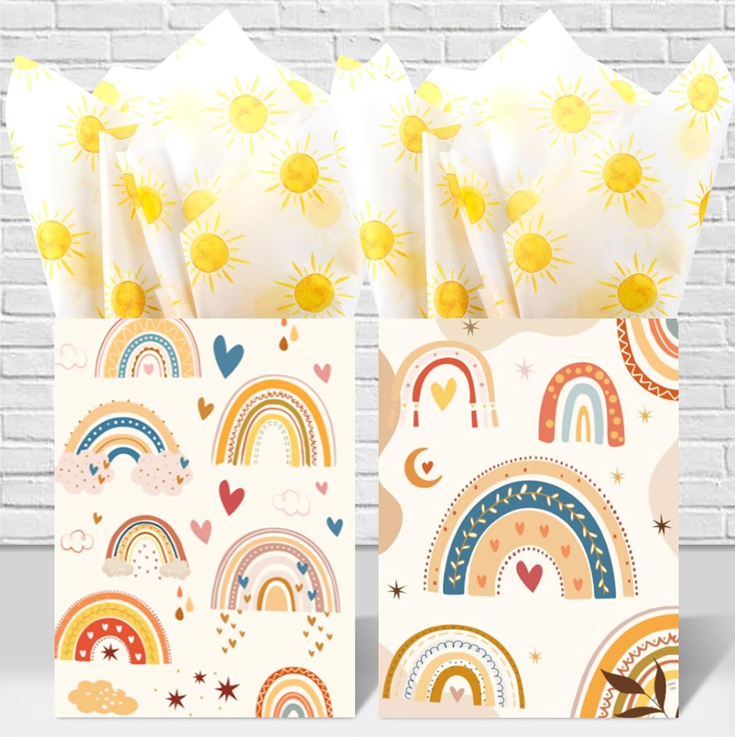 100 Sheets 20 * 14 Inches Boho Sun Tissue Paper for Gift Wrapping, Yellow Sunshine Tissue Paper for Gift Bags for First Trip Around The Sun Birthday Party Baby Shower DIY Craft