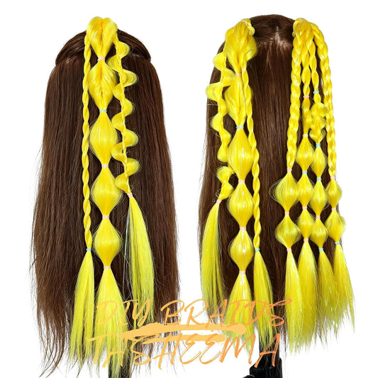 Yellow Hair Extensions for Braids Ponytail Extension 2 Packs, 20 inch Crazy Hair Day Accessories for Women, DIY Festival Wacky Rave Braids,Tinsel Mixed
