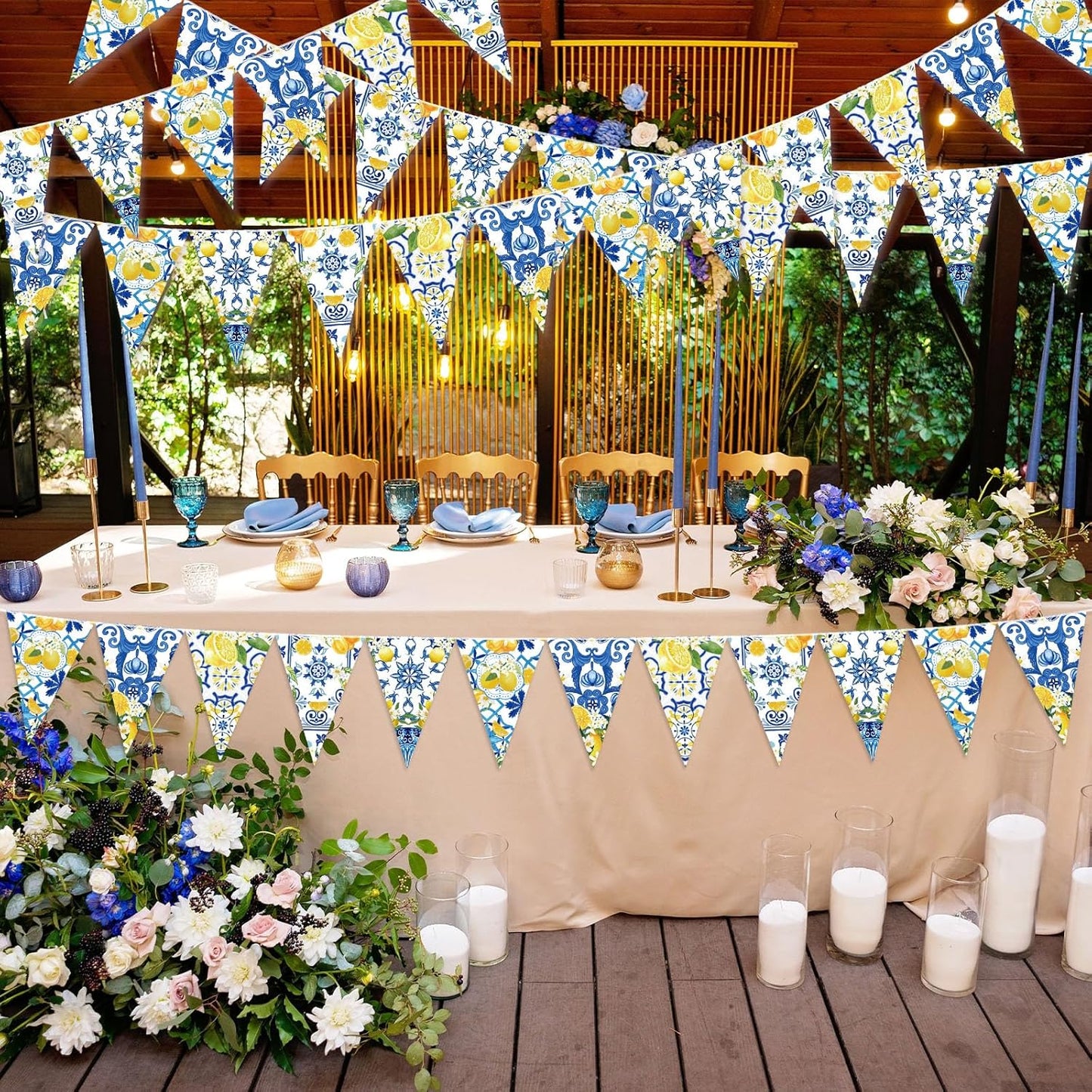 5 Pcs Blue Tiles Lemon Pennant Banners Amalfi Coast Party Decorations Italian Theme Blue Tiles Yellow Lemon Triangle Flags Summer Lemonade Decor for Wedding Bridal Shower Birthday Supplies
