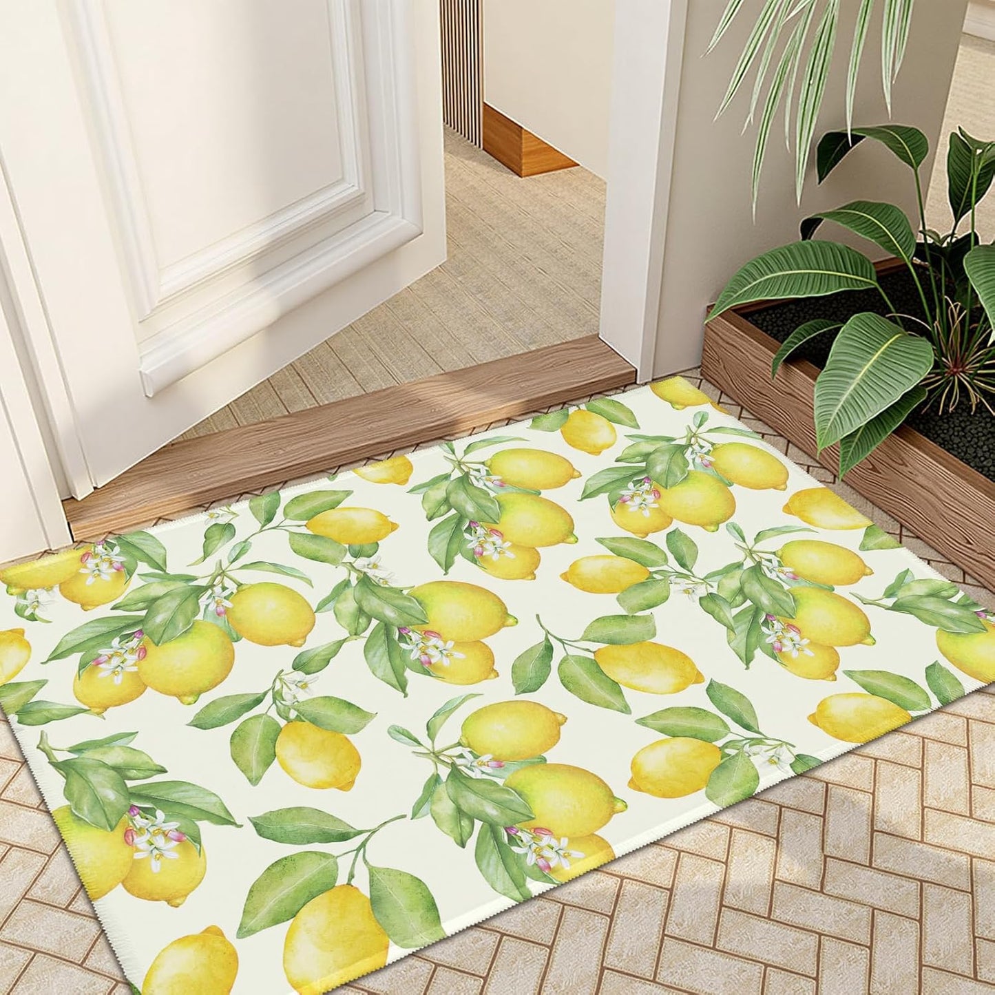 Lemon Decorative Area Rug 2x3 Spring Summer Yellow Fruit Green Leaf Floral Front Door Mat Indoor Outdoor Non-Slip Small Entryway Throw Rugs for Kitchen Bathroom Living Room Bedroom