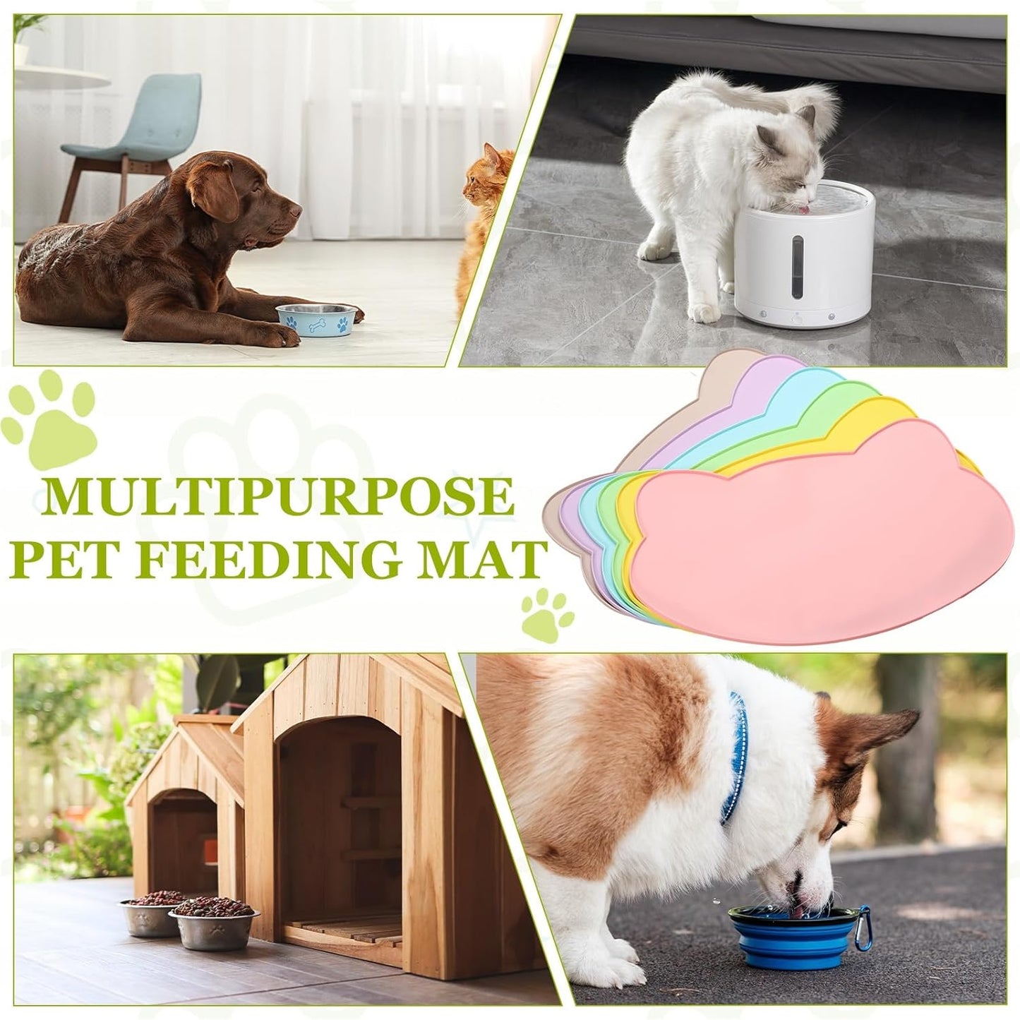 Cat Food Mat, 17x10 Inch Silicone Pet Feeding Mat Non-Slip Cat Shaped Waterproof Dog Water Bowl Tray Raised Edge Protects Floors (Yellow), Intended for Pets Bowl/Fountain
