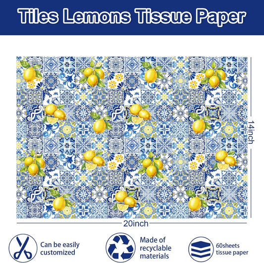 60 Sheets Capri Lemon Tissue Paper Blue Tiles Yellow Lemons Wrapping Paper for Summer Amalfi Coast Party Decorations DIY Crafts Supplies, 14 x 20 Inch