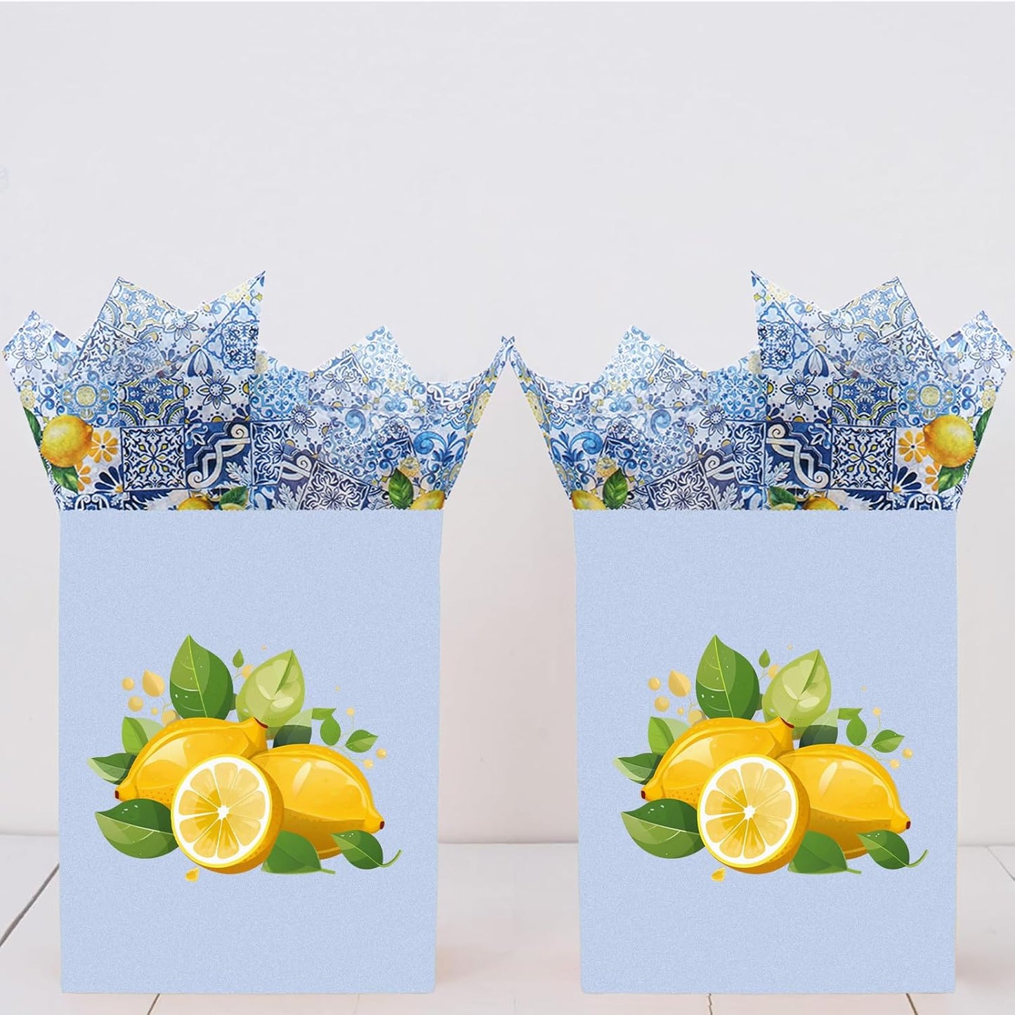 60 Sheets Capri Lemon Tissue Paper Blue Tiles Yellow Lemons Wrapping Paper for Summer Amalfi Coast Party Decorations DIY Crafts Supplies, 14 x 20 Inch