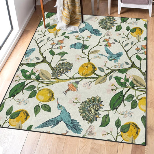 Area Rugs 5'x7' Washable Rug, Lemon Hummingbird Botanical Stain Resistant Non Slip Backing Chinoiserie Vintage Carpet for Living Room Bedroom Dining Room