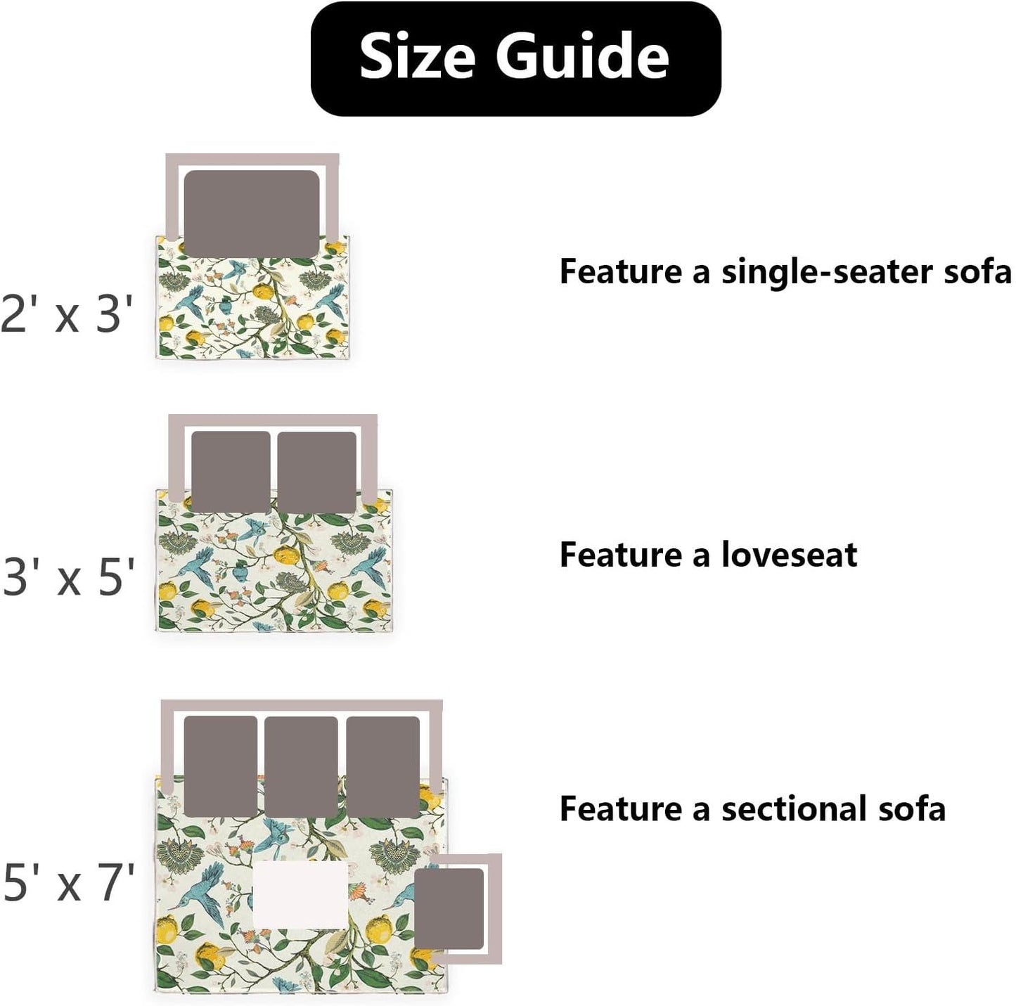 Area Rugs 5'x7' Washable Rug, Lemon Hummingbird Botanical Stain Resistant Non Slip Backing Chinoiserie Vintage Carpet for Living Room Bedroom Dining Room
