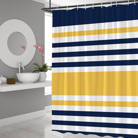 Navy Blue Yellow Shower Curtain Abstract Geometric Stripe Modern Contemporary Simple Fashion Boho Mid Century Bathroom Set Bathtub Accessories Polyester Fabric with Hooks 70Wx70H Inch
