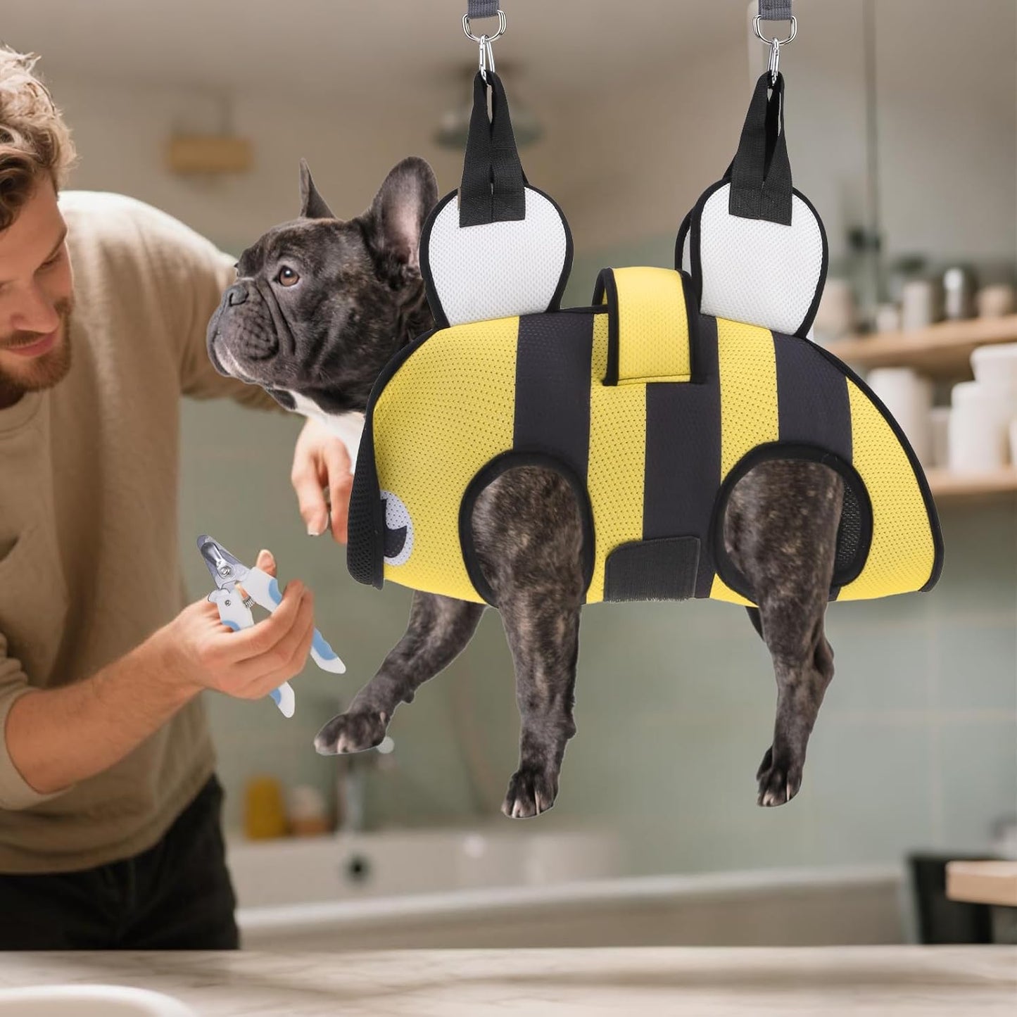 Dog Grooming Hammock for Small Dogs Cats, Cute Bee Design Dog Hanging Harness for Nail Trimming/Clipping,Pet Sling with Grooming Kit and Thick Neck Support & Strap Restraint Claw Care, S