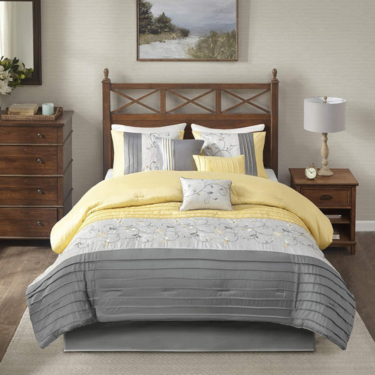 Serene Faux Silk Comforter Set - Floral Embroidery Design, All Season Bedding Set, Matching Bed Skirt, Decorative Pillows, Yellow King(104"x92") 7 Piece