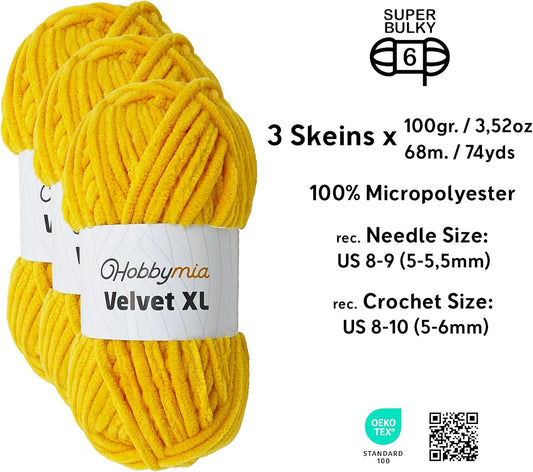 Velvet XL Chenille Yarn - Thick Super Bulky Yarn for Crocheting - Soft Fluffy Plush Yarn for Crochet - 100g / 74yds - Ideal for Baby Blankets & Amigurumi (Bee Yellow, 3 Skeins)