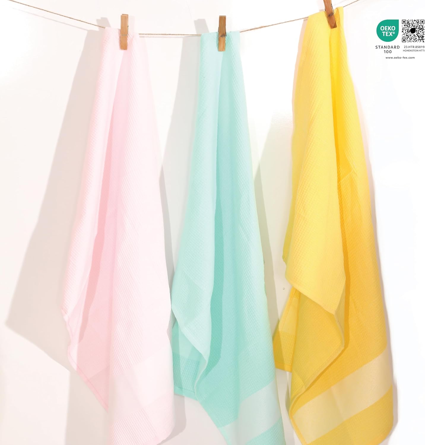 100% Cotton Waffle Weave Kitchen Dish Towels, Ultra Soft Absorbent Quick Drying Cleaning Towel, 18x28 Inches, 3-Pack, Pink-Yellow-Light Green