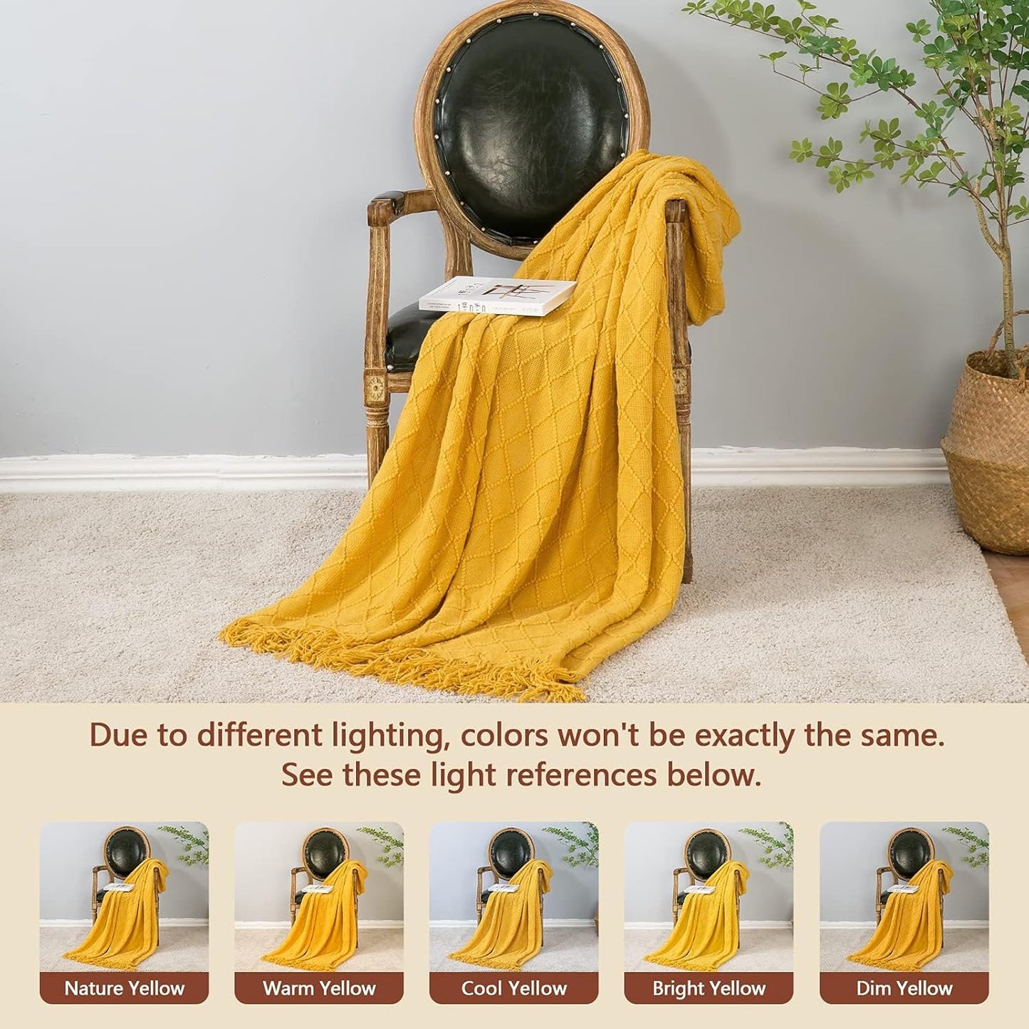 Knitted Fall Throw Blanket for Couch and Bed, Knit Fall Decor Halloween Blanket with Tassel, Golden Yellow Lightweight Decorative Farmhouse Warm Woven Blankets and Throws for Women, 50"x60"