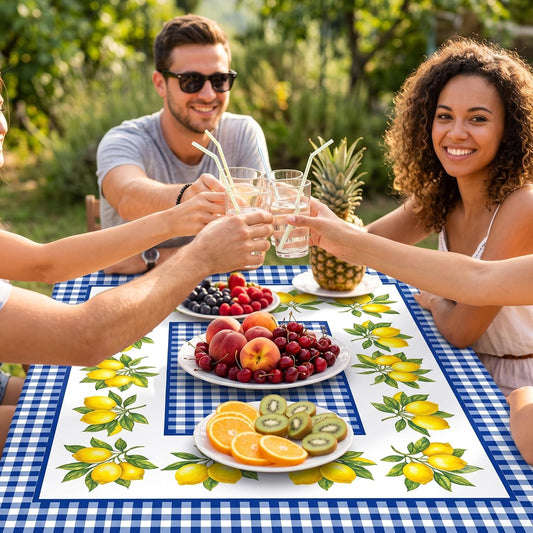 3 Piece Fitted Picnic Table and Bench Cover Set, Blue Checkered Lemon Camping Tablecloth for 6ft Folding Tables (72x30), Summer Outdoor RV Park Table Cover with Drawstring Bag