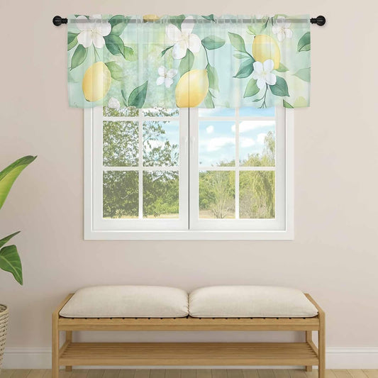 Farm Watercolor Sheer Curtain 18 Inch Long Lemon Flowers Leaf Green Background Light Filtering Rod Pocket Voile Curtain Valance for Bedroom Kitchen Cafe Window 54" W x 18" L