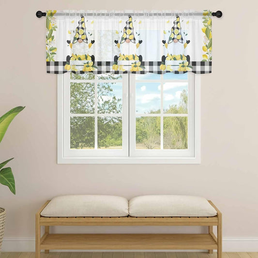 Lemon Gnomes Sheer Curtains Valances for Windows Summer Botanical Yellow Fruit Black Lattice Chiffon Kitchen Valances for Cafe, Voile Window Treatments Curtains for Living Room Bedroom, 54"x18"