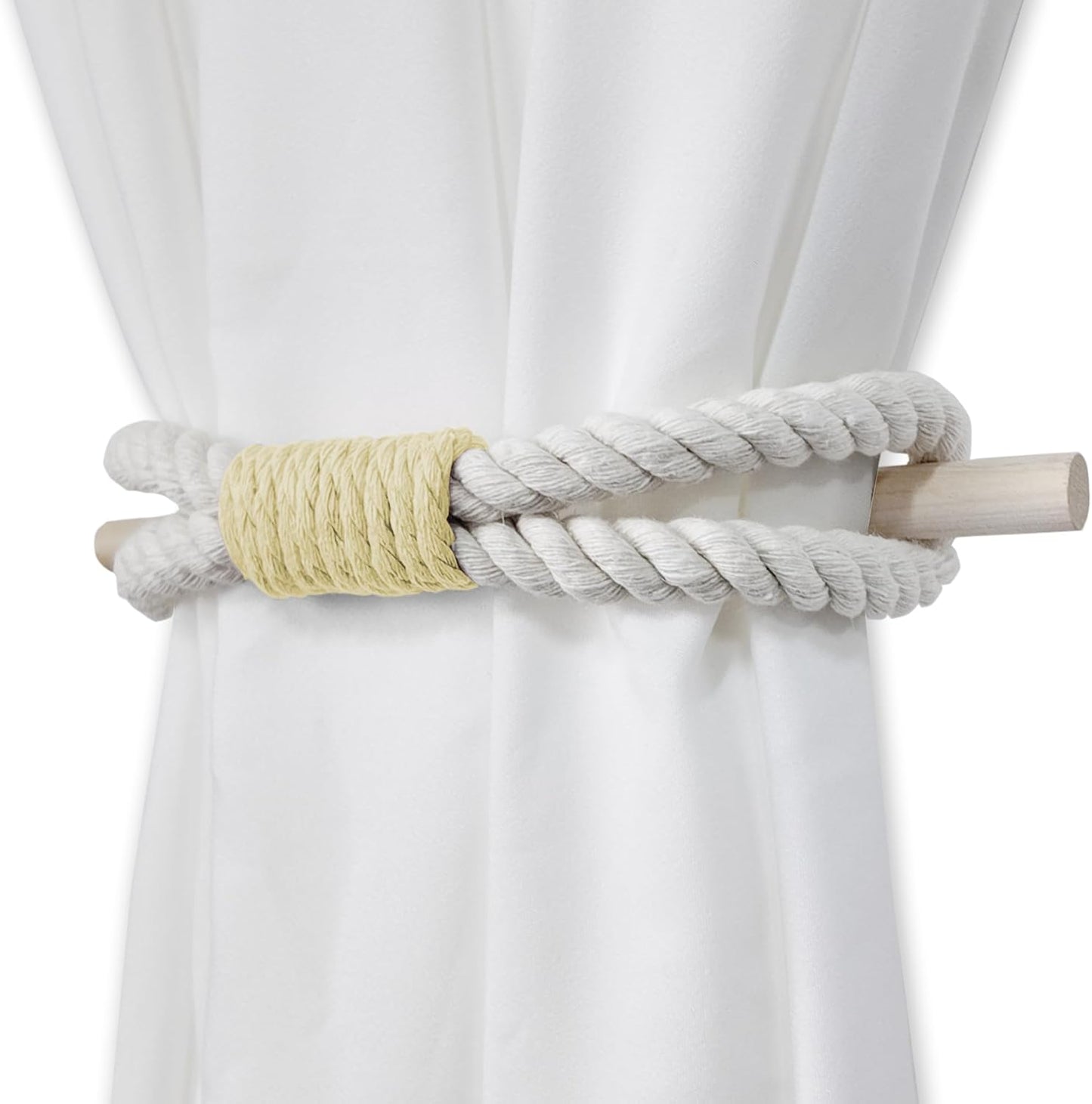 Curtain Tiebacks Rustic Holdbacks for Drapes, Farmhouse Tie Backs for Curtains, Cotton Rope with Wood Club, Natural Boho Decor Shabby Chic Drapery Holder, Pack-2, Yellow