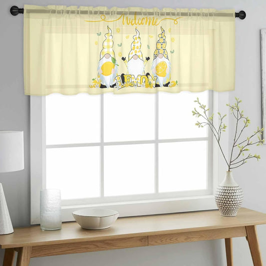 Sheer Window Valance Fruit Lemon Gnome Semi Voile Short Curtain Rod Pocket Farmhouse Plants Green Leaves Yellow Valances Window Treatment for Bedroom Living Room Kitchen 54x18in