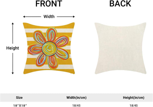 Summer Pillow Covers 18x18 Set of Yellow Striped Floral Throw Pillow Covers Outdoor Decoration Spring Modern Colorful Flower Farmhouse Square Decorative Cushion Cover for Home Sofa Couch
