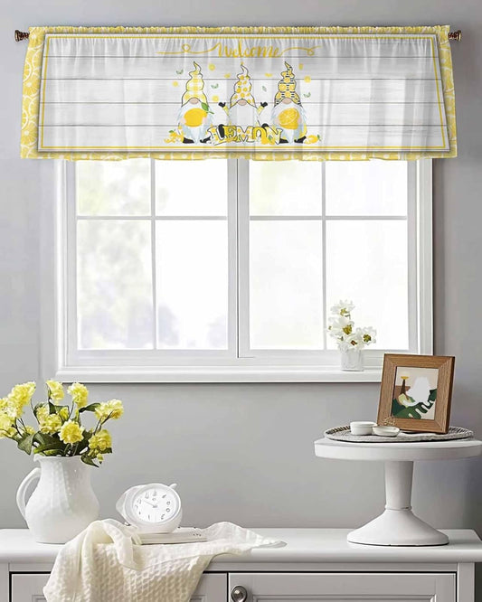 Sheer Valances for Windows Fruit Lemon Gnome Window Valances Rod Pocket Farmhouse Plants Wood Grain Window Treatment Sheer Curtains for Kitchen Living Room Bedroom Bathroom 54x18in