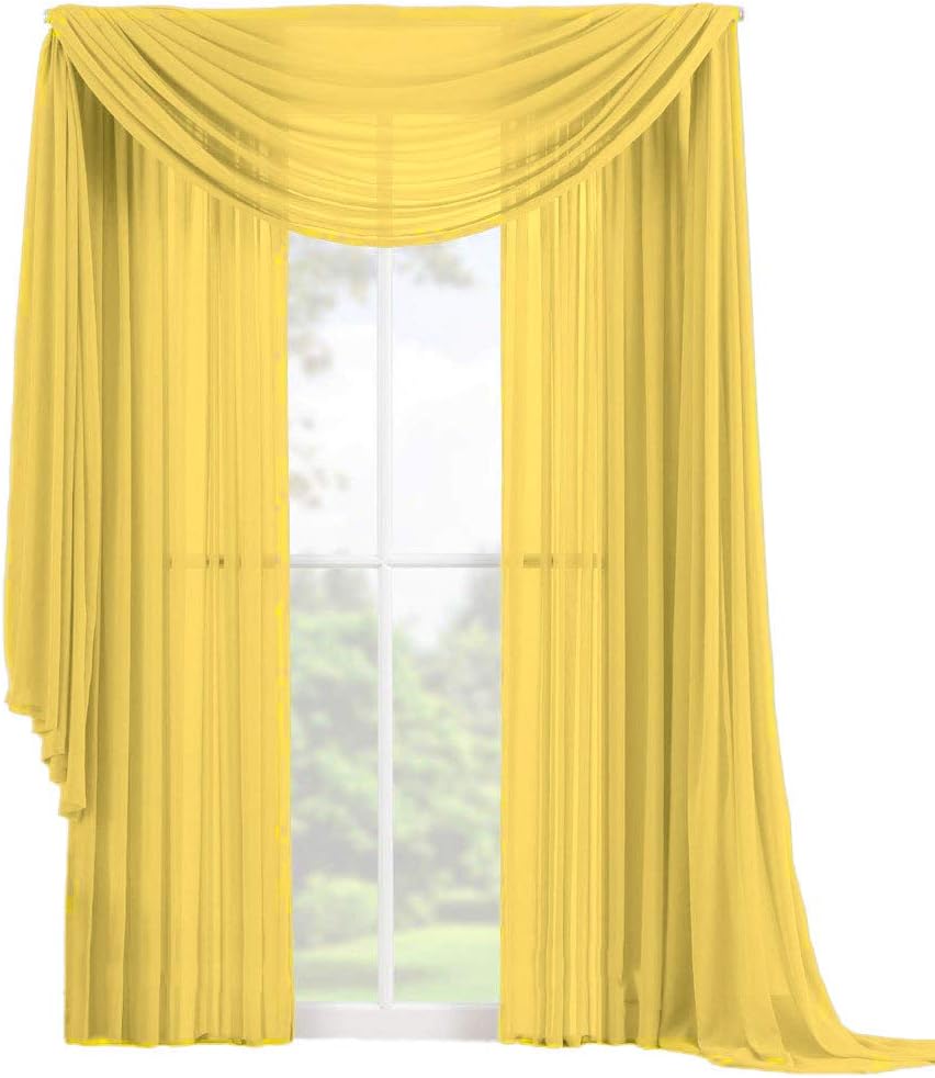 Decotex 3 Piece Elegant Sheer Voile Window Curtain Panel Drape Set includes 2 Panels and 1 Matching Scarf (63" Length, Yellow)