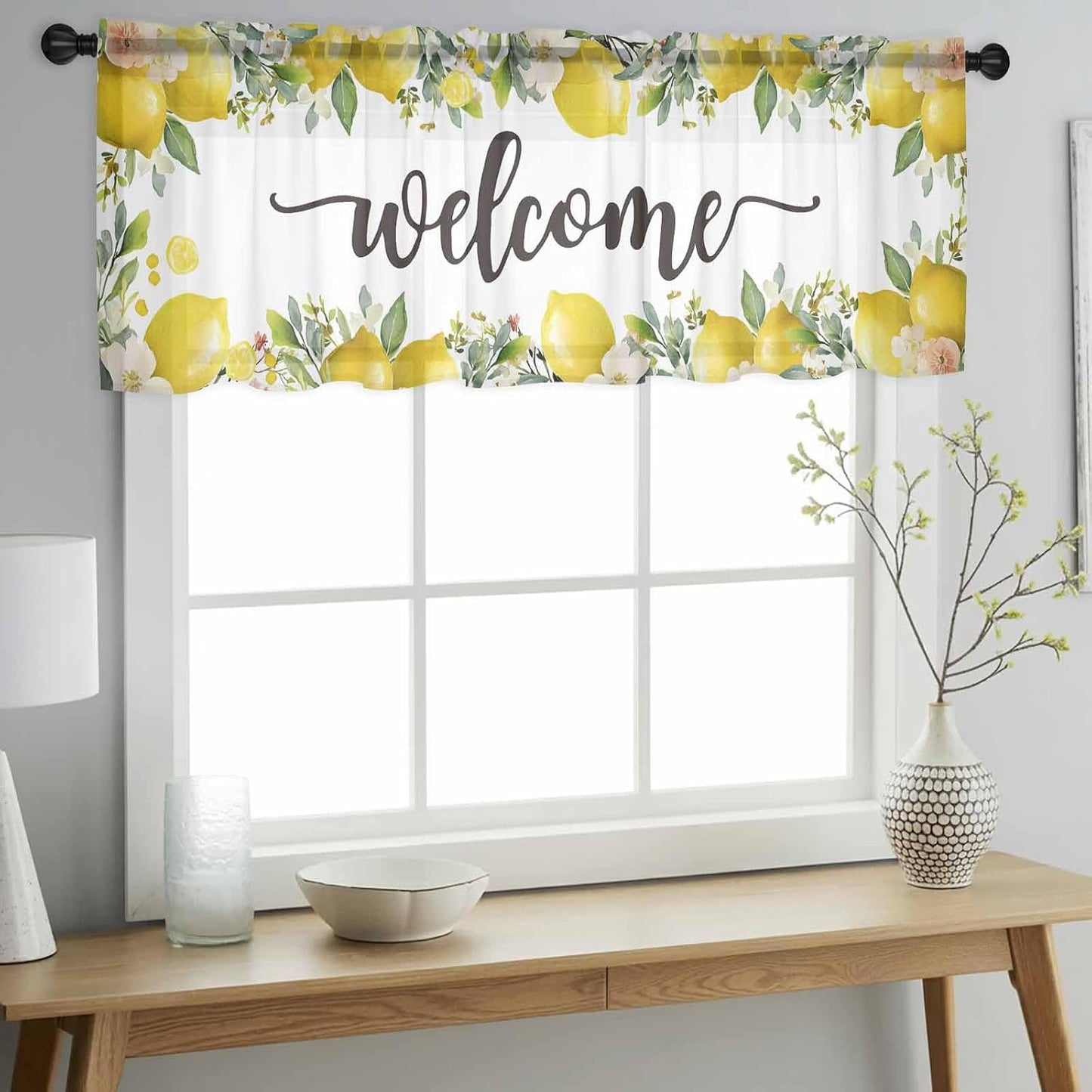 Country Sheer Curtain 18 Inch Long Welcome Yellow Lemon Farm White Background Light Filtering Rod Pocket Voile Curtain Valance for Bedroom Kitchen Cafe Window 54" W x 18" L