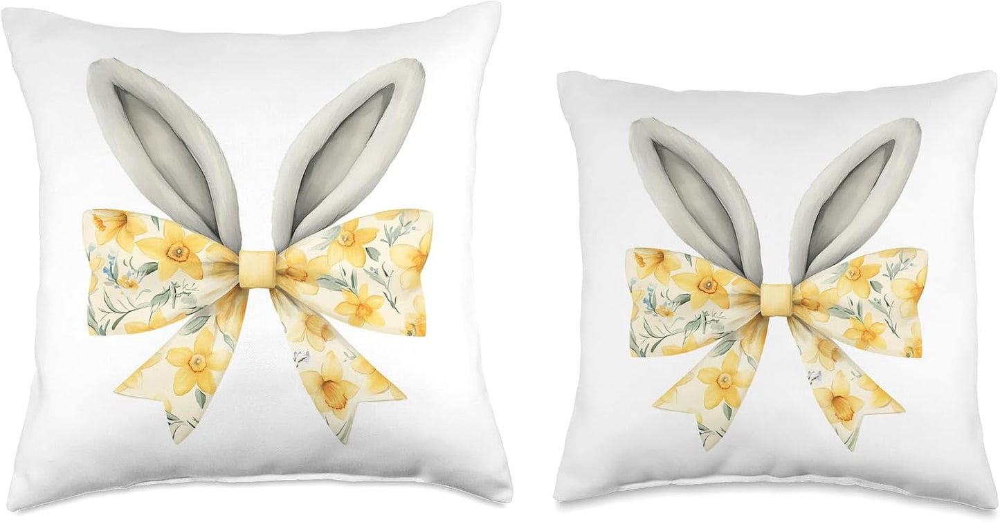 Easter Bunny Coquette Bow Yellow Daffodil Spring Rabbit Ears Throw Pillow