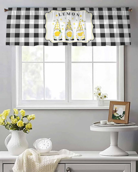 Sheer Valances for Windows Lemon Gnome Summer Fruit Plant Window Valances Rod Pocket Buffalo Check Plaid Window Treatment Sheer Curtains for Kitchen Living Room Bedroom Bathroom 54x18in