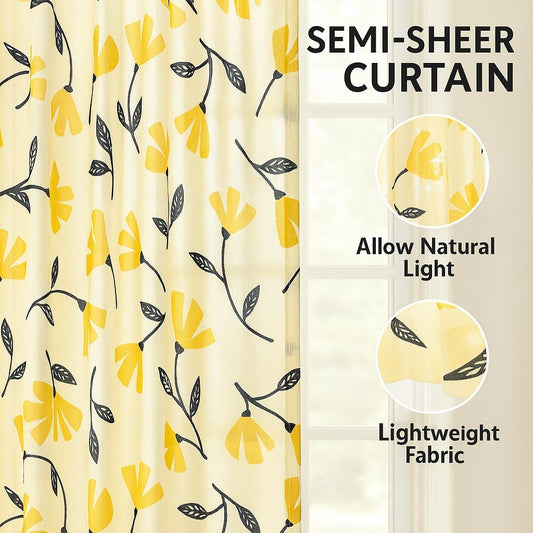 DaDa Bedding Botanical Floral Window Curtain Panels - Natural Semi Sheer Yellow Fleur Golden Orange Spring Time Tulips Straight Tailored Edge - 54 x 84