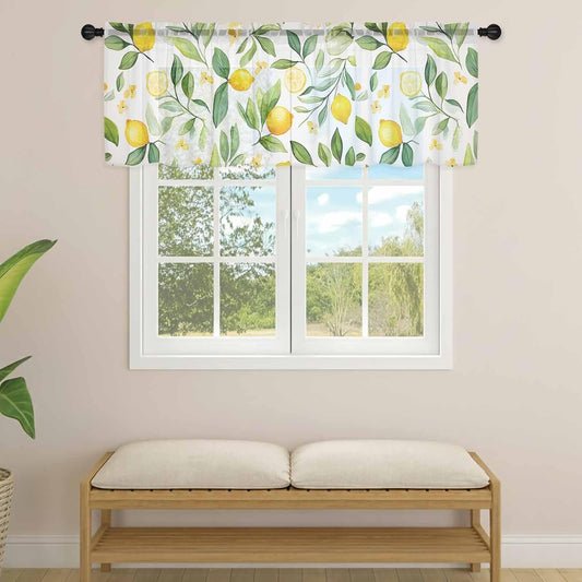 Watercolor Yellow Sheer Curtain 18 Inch Long Lemon Green Leaves Rustic Plant Light Filtering Rod Pocket Voile Curtain Valance for Bedroom Kitchen Cafe Window 54" W x 18" L