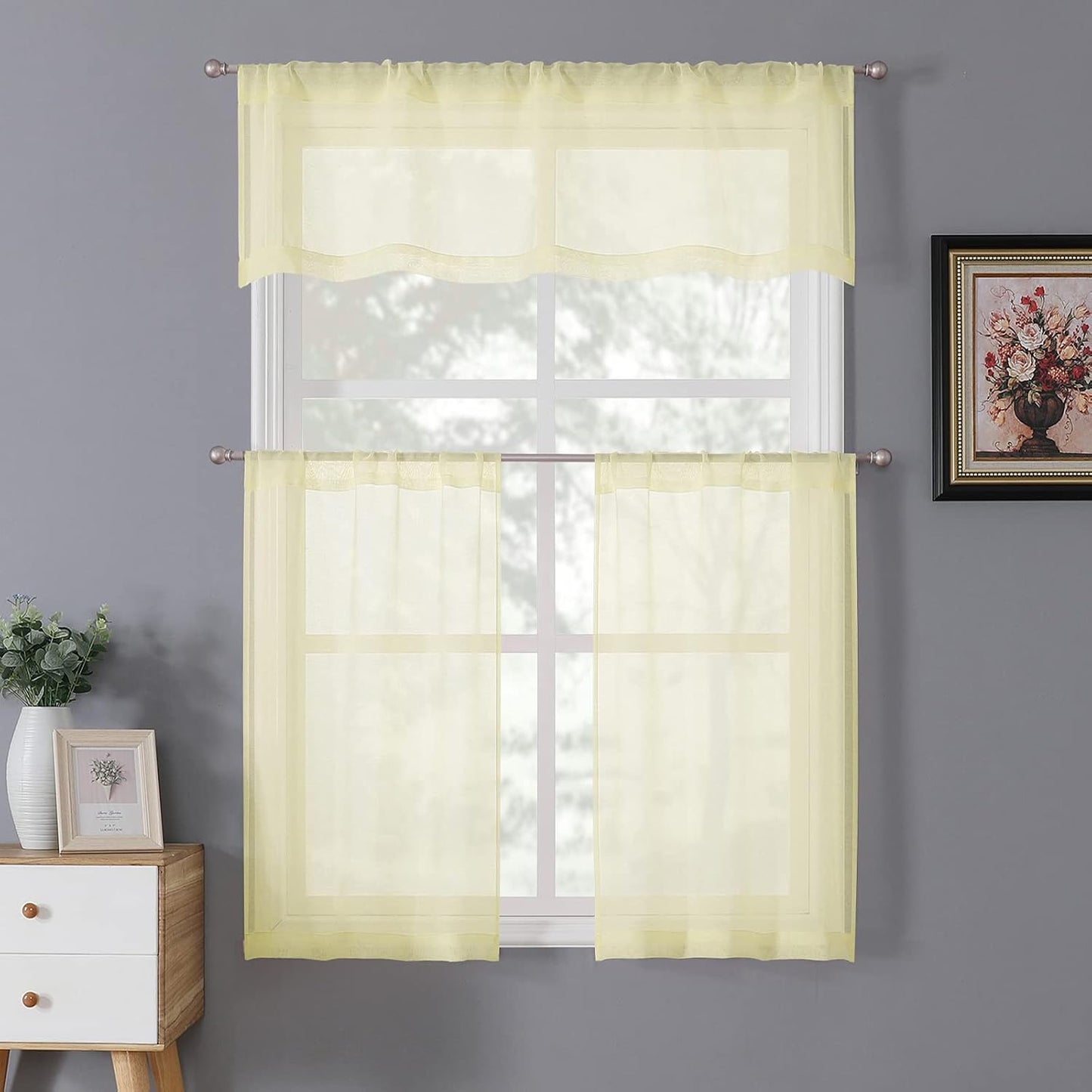 Tollpiz Sheer Valance Linen Textured Bedroom Valance Curtains Sheer Light Filtering Rod Pocket Voile Curtain Valances for Living Room, 54 x 16 inches Long, Transparent Yellow, Set of 1 Panel