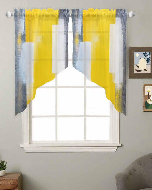 Gray Yellow White Geometric Sheer Curtains Swag Valances for Windows Gradient Abstract Mottled Paint Texture Rod Pocket Swag Curtain Small Window Curtain for Kitchen Living Room, 1 Pair 28"W x 36"L