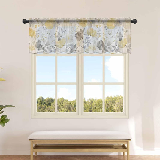 Yellow Gray Floral Watercolor Sheer Curtain Valances for Windows Kitchen Curtains Vintage Country Style Chiffon Window Treatments Rod Pocket Short Topper Valance for Living Room Bathroom 42x12 Inch