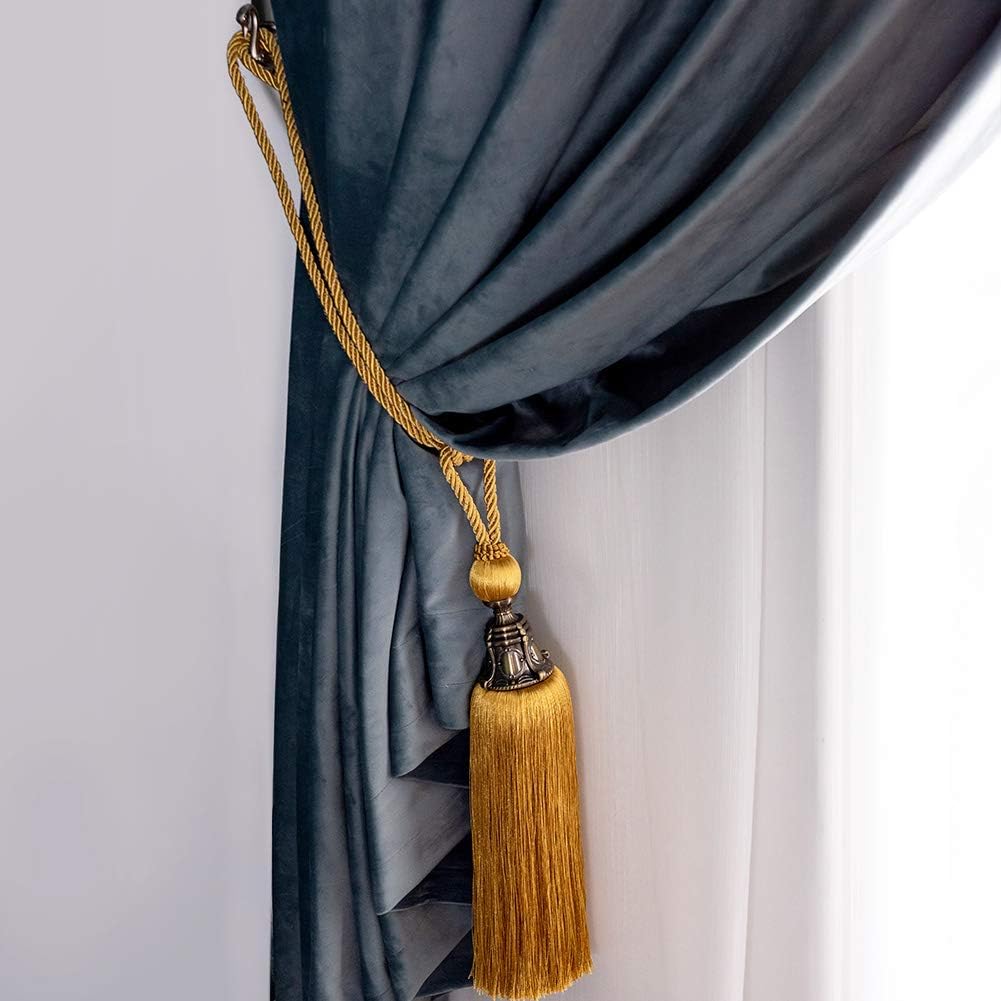 Melodieux Decorative Curtain Tiebacks Antique Tassels Holdbacks - Home Office Window Drapery Fasteners Fringe Ropes, Set of 2 (Yellow)