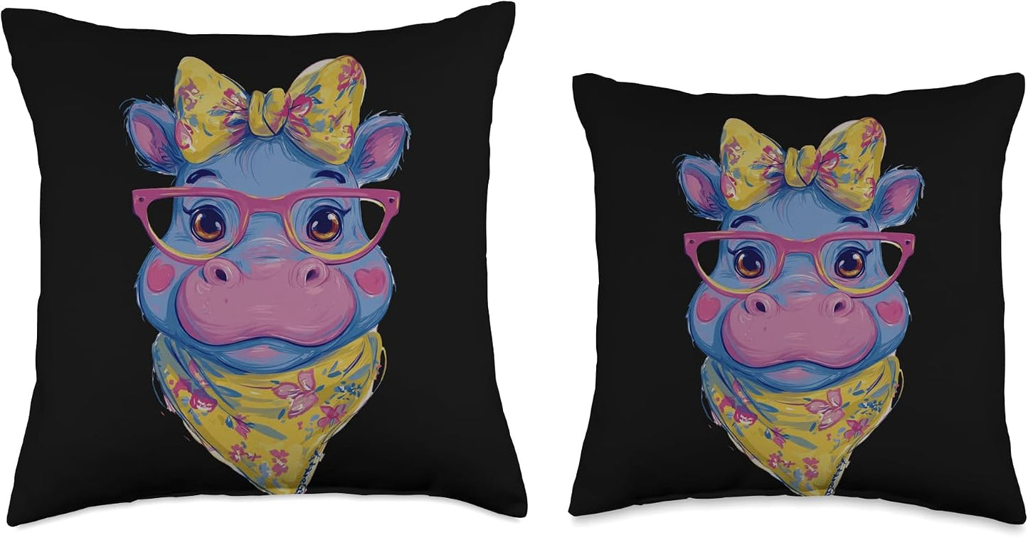 Blue Hippo Portrait Animal Lover Graphic Pink Glasses Yellow Throw Pillow