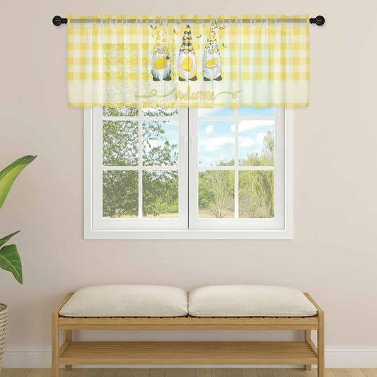 Lemon Gnomes Sheer Curtains Valances for Windows Summer Botanical Fruit Yellow Buffalo Plaid Chiffon Kitchen Valances for Cafe, Voile Window Treatments Curtains for Living Room Bedroom, 54"x18"